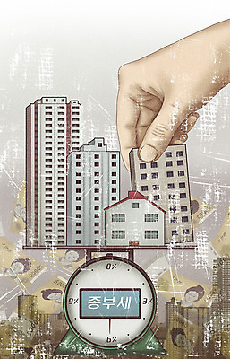 PSD 손 돈 일러스트 부동산 아파트 주택 저울 들기 건물 신체부위 경제 회색 도시 사회이슈 오만원 세금 종부세 국내일러스트 건축물 컬러 컨셉 지폐 모션 사람 재산 파일형식