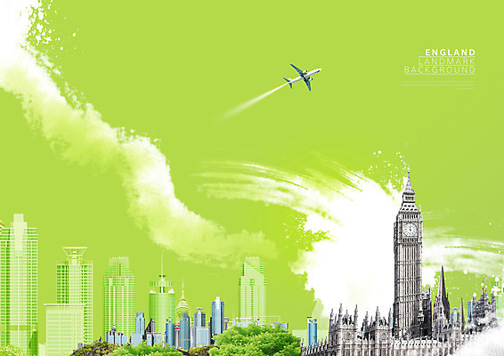 PSD 편집이미지 하늘 영국 비행기 사람없음 건물 연두색 관광지 도시 빅벤 랜드마크 이미지편집 건축물 유럽 여행 항공교통 대중교통 초록색 시계탑 런던 파일형식