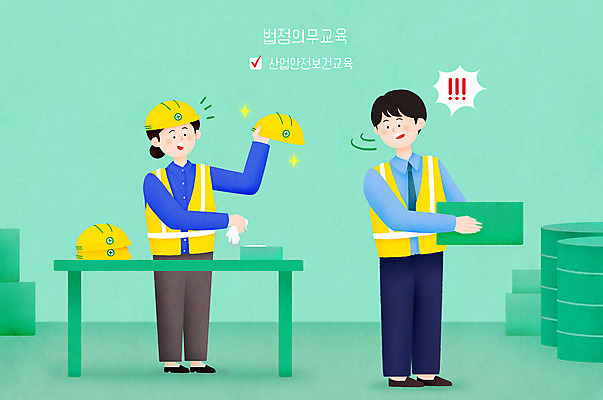 전신 PSD 여자 남자 일러스트 서기 들기 성인 두명 초록색 상자 놀람 뒤돌아보기 안전모 산업안전 안전교육 산업근로자 성인만 법정의무교육 국내일러스트 교육 감정 산업 컬러 모션 표정 안전 사람 헬멧 안전장비 파일형식