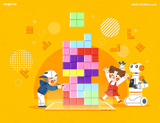 전신 여자 남자 어린이 일러스트 수업 미래 소녀 소년 두명 점프 주황색 만세 터치 스마트 로봇 테트리스 어린이만 코딩 AI_인공지능 국내일러스트 AI파일 교육 컬러 컨셉 모션 사람 게임 컴퓨터교육 파일형식 벡터