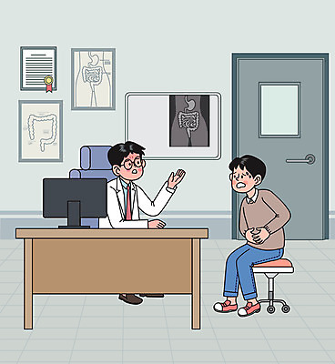 전신 남자 의자 일러스트 앉기 성인 두명 모니터 진료 의사 책상 감싸기 대장질환 복통 진료실 항문외과 성인남자만 국내일러스트 AI파일 가구 의학 모션 병원 사람 컴퓨터 의료진 질병 남자만 성인만 파일형식 벡터