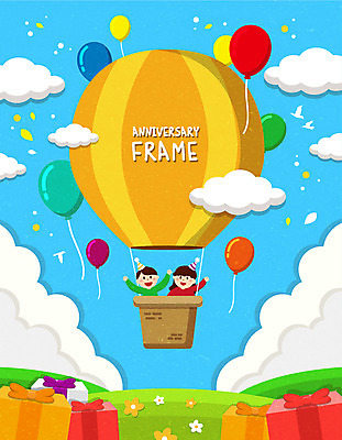 여자 남자 어린이 하늘색 일러스트 프레임 소녀 소년 두명 선물상자 손들기 고깔모자 열기구 어린이날 풍선 어린이만 국내일러스트 AI파일 모자_잡화 기념일 항공교통 모션 선물 사람 파란색 상자 파일형식 벡터