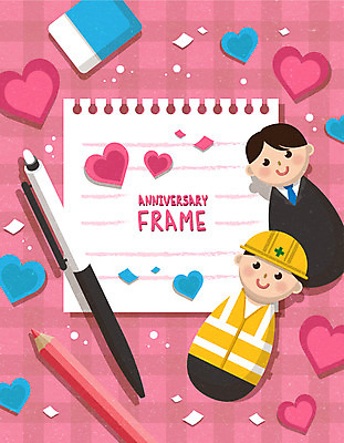 분홍색 일러스트 프레임 두명 연필 볼펜 두개 하트 지우개 사람인형 근로자의날 국내일러스트 AI파일 모양 기념일 인형 컬러 2 학용품 사람 필기구 펜 파일형식 벡터