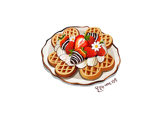 PSD 접시 일러스트 딸기 디저트 글자캘리그라피 사람없음 생크림 와플 국내일러스트 식기 음식 과일 캘리그라피 크림 파일형식