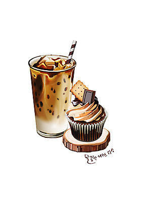 PSD 일러스트 디저트 빨대 글자캘리그라피 사람없음 쿠키 초콜릿 컵케이크 크림 아이스커피 국내일러스트 커피 음식 캘리그라피 케이크 파일형식