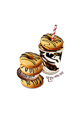 PSD 일러스트 디저트 빨대 글자캘리그라피 사람없음 컵 쌓기 초콜릿 도넛 라떼 국내일러스트 식기 커피 음식 캘리그라피 모션 파일형식