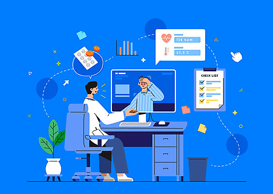 전신 남자 의자 일러스트 모바일 말하기 앉기 상반신 성인 두명 파란색 모니터 환자 의사 책상 두통 서류판 원격의료 성인남자만 비대면서비스 언택트 랜선라이프 국내일러스트 AI파일 라이프스타일 컬러 가구 의학 모션 사람 컴퓨터 사무용품 진료 의료진 질병 서비스 원격 남자만 성인만 파일형식 벡터