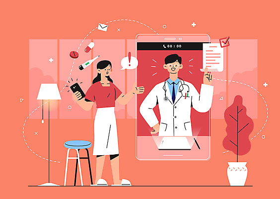 전신 여자 남자 화분 의자 일러스트 모바일 들기 상반신 성인 두명 빨간색 스마트폰 놀람 의사 스탠드 가리킴 화상통화 원격의료 성인만 비대면서비스 언택트 랜선라이프 국내일러스트 AI파일 라이프스타일 감정 컬러 가구 의학 모션 조명 표정 사람 손짓 핸드폰 스마트기기 진료 의료진 서비스 통화 원격 파일형식 벡터