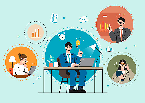 전신 여자 남자 하늘색 일러스트 회의 모바일 들기 앉기 여러명 상반신 성인 노트북 턱괴기 가리킴 직장인 비즈니스맨 비즈니스우먼 책상 재택근무 화상통화 성인만 비대면서비스 언택트 랜선라이프 국내일러스트 AI파일 직업 라이프스타일 가구 다수 비즈니스 모션 사람 손짓 파란색 전자제품 서비스 통화 파일형식 벡터