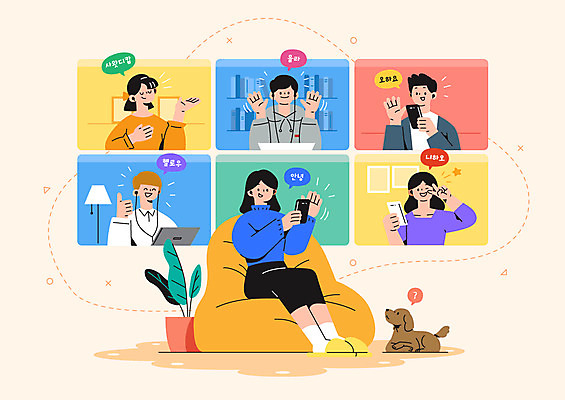 전신 한마리 여자 남자 일러스트 모바일 들기 앉기 여러명 상반신 성인 스마트폰 글로벌 최고 강아지 브이 손인사 온라인 메신저 반려 화상통화 성인만 비대면서비스 빈백 언택트 온택트 랜선라이프 국내일러스트 AI파일 1 라이프스타일 생활용품 다수 모션 사람 손짓 핸드폰 스마트기기 반려동물 인사 개 서비스 통화 파일형식 벡터