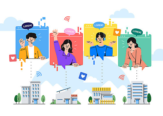 여자 남자 일러스트 모바일 대화 여러명 상반신 성인 건물 헤드셋 손인사 화상통화 성인만 비대면서비스 언택트 랜선라이프 국내일러스트 AI파일 라이프스타일 건축물 음향기기 다수 말하기 사람 헤드폰 인사 서비스 통화 파일형식 벡터