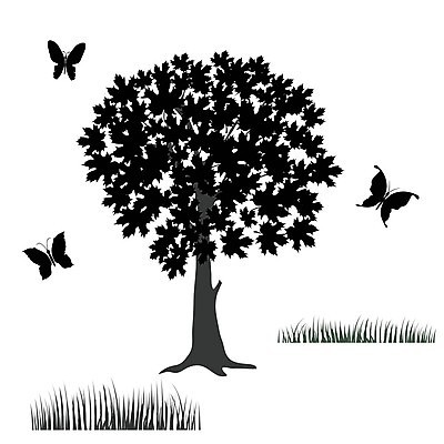 EPS 해외이미지 나무 나비 일러스트 한그루 잔디 사람없음 검은색 해외202004 해외202105 해외일러스트 식물 1 컬러 곤충 파일형식 벡터