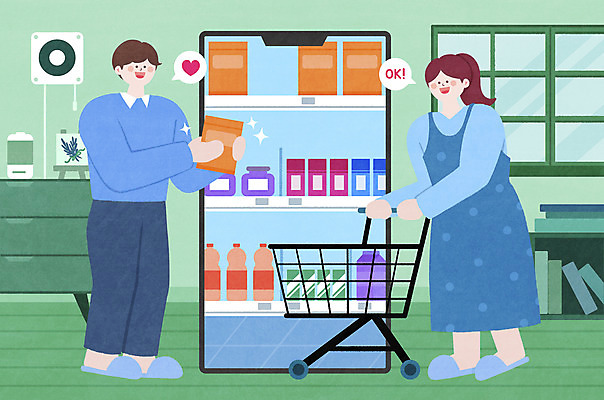 전신 PSD 여자 남자 일러스트 모바일 집안 서기 들기 성인 두명 장보기 쇼핑카 하트 잡기 어플리케이션 담기 온라인쇼핑 모바일쇼핑 성인만 비대면서비스 언택트 온택트 랜선라이프 스토어 국내일러스트 모양 라이프스타일 모션 실내 사람 쇼핑 카트 서비스 온라인 파일형식