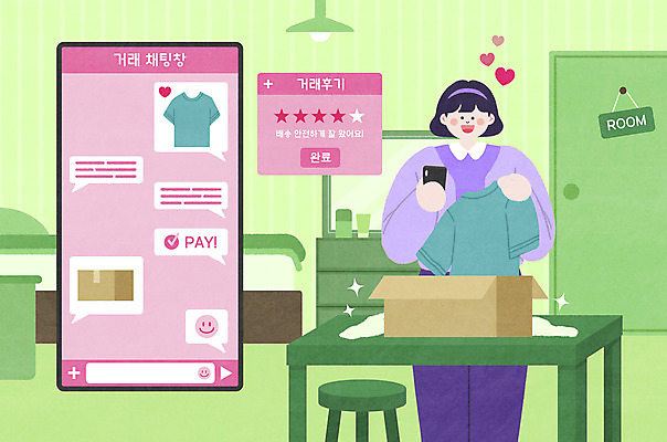 PSD 옷 여자 일러스트 모바일 한명 들기 성인 연두색 스마트폰 하트 어플리케이션 택배상자 리뷰 문자메시지 제품후기 채팅 성인여자한명만 비대면서비스 중고거래 언택트 온택트 랜선라이프 국내일러스트 모양 1 라이프스타일 모션 사람 초록색 핸드폰 스마트기기 상자 거래 메시지 서비스 택배 여자한명만 성인여자만 파일형식