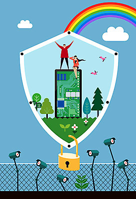 전신 나무 구름 여자 남자 꽃 무지개 일러스트 조류 자물쇠 서기 들기 앉기 성인 두명 스마트폰 울타리 만세 철조망 방패 감시카메라 개인정보 방화벽 정보보호 집적회로 성인만 정보보호의날 국내일러스트 AI파일 자연요소 식물 동물 모션 사람 핸드폰 스마트기기 담장 카메라 정보 회로판 보호 파일형식 벡터 법정기념일