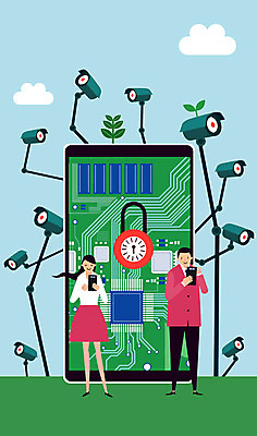 전신 구름 여자 남자 일러스트 하늘 자물쇠 서기 들기 성인 두명 스마트폰 감시카메라 개인정보 정보보호 집적회로 성인만 정보보호의날 국내일러스트 AI파일 자연요소 모션 사람 핸드폰 스마트기기 카메라 정보 회로판 보호 파일형식 벡터 법정기념일