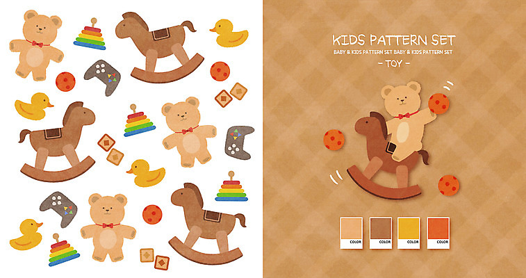 PSD 패턴 일러스트 공 사람없음 장난감 갈색 곰인형 목마 게임기 체크무늬 오리인형 아기자기 국내일러스트 인형 컬러 컨셉 무늬 파일형식