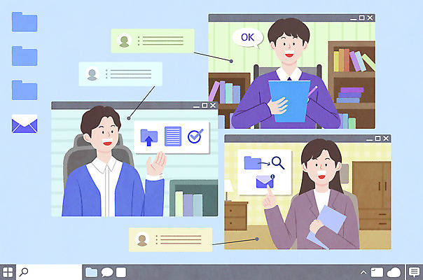 PSD 여자 남자 일러스트 회의 모바일 들기 상반신 성인 세명 펜 비즈니스맨 비즈니스우먼 문서 폴더 재택근무 화상통화 성인만 언택트 온택트 랜선라이프 국내일러스트 라이프스타일 비즈니스 모션 사람 필기구 직장인 파일 통화 파일형식