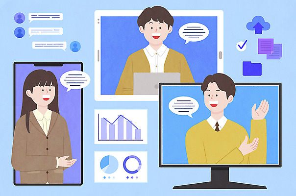 PSD 여자 남자 말풍선 일러스트 회의 모바일 그래프 성인 세명 파란색 스마트폰 태블릿 모니터 비즈니스맨 비즈니스우먼 발표 문서 폴더 재택근무 화상통화 성인만 언택트 온택트 랜선라이프 국내일러스트 라이프스타일 컬러 비즈니스 사람 전자제품 핸드폰 스마트기기 컴퓨터 직장인 파일 통화 파일형식