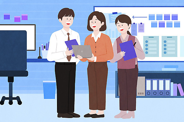 전신 PSD 여자 남자 의자 일러스트 비즈니스 서기 들기 성인 세명 파란색 사무실 펜 비즈니스맨 비즈니스우먼 책상 파일 성인만 국내일러스트 컬러 가구 모션 사람 필기구 직장인 파일형식