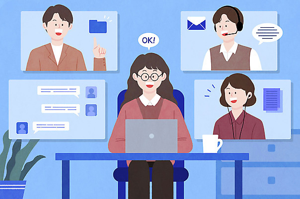 PSD 여자 남자 말풍선 일러스트 회사 비즈니스 회의 모바일 주택 앉기 여러명 상반신 성인 파란색 노트북 비즈니스맨 비즈니스우먼 발표 문서 재택근무 채팅 화상통화 성인만 언택트 온택트 랜선라이프 국내일러스트 라이프스타일 컬러 다수 모션 사람 건물 전자제품 직장인 통화 파일형식