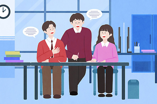 전신 PSD 여자 남자 시계 말풍선 일러스트 비즈니스 회의 대화 서기 들기 앉기 성인 세명 파란색 사무실 연필 비즈니스맨 비즈니스우먼 성인만 국내일러스트 컬러 모션 학용품 말하기 사람 필기구 직장인 파일형식