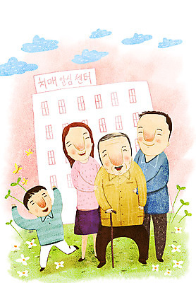 전신 PSD 여자 할아버지 노년 남자 행복 어린이 일러스트 가정 가족 서기 소년 여러명 성인 건물 손들기 센터 노인복지 요양원 부축 치매 국내일러스트 건축물 감정 다수 관계 모션 사람 질병 복지 파일형식