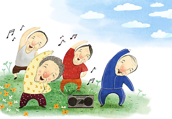 전신 PSD 구름 여자 노년 남자 일러스트 건강 서기 여러명 운동 스트레칭 즐거움 라디오 체조 노인만 치매예방 국내일러스트 자연요소 감정 다수 모션 사람 성인 전자제품 예방 치매 성인만 파일형식