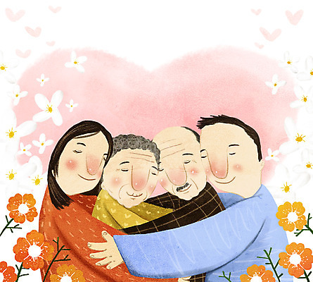 PSD 여자 노년 남자 꽃 일러스트 가족 안기 포옹 사랑 여러명 상반신 성인 눈감음 화목 하트 노인복지 국내일러스트 모양 식물 감정 다수 컨셉 관계 모션 사람 복지 파일형식