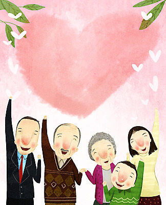 PSD 여자 노년 남자 행복 어린이 분홍색 잎 일러스트 가족 소년 여러명 상반신 성인 손잡기 파이팅 하트 노인복지 국내일러스트 모양 식물 감정 컬러 다수 관계 모션 사람 복지 파일형식