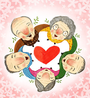 PSD 여자 할아버지 노년 남자 꽃 행복 할머니 일러스트 어깨동무 웃음 여러명 올려보기 하트 노인복지 노인만 국내일러스트 모양 식물 감정 포즈 다수 모션 표정 사람 성인 복지 성인만 파일형식