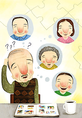 PSD 여자 할아버지 노년 남자 할머니 어린이 생각 일러스트 가족 앉기 소년 여러명 상반신 성인 머그컵 물음표 퍼즐 앨범 노인복지 의문 치매 헷갈림 국내일러스트 기호 감정 다수 컨셉 관계 모션 사람 컵 질병 복지 파일형식
