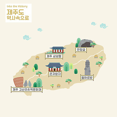 지도 유적 일러스트 유적지 한국 사람없음 제주시 갈색 문화재 역사 돌하르방 고산리 만장굴 삼성혈 역사탐방 안내도 국내일러스트 AI파일 전통 아시아 컬러 고건축 제주도 탐방 파일형식 벡터