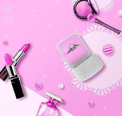 PSD 편집이미지 분홍색 화이트데이 사람없음 화장품 립스틱 반지 향수 반지케이스 메이크업브러쉬 알사탕 이미지편집 컬러 장신구 데이이벤트 사탕 뷰티 붓 보관함 파일형식