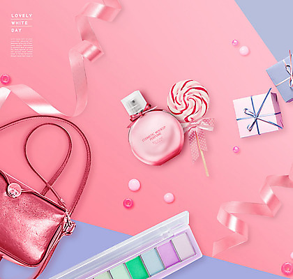 PSD 편집이미지 분홍색 화이트데이 막대사탕 사람없음 선물상자 핸드백 향수 섀도우팔레트 향수병 이미지편집 컬러 가방 데이이벤트 사탕 선물 상자 화장품 병_담는 파일형식