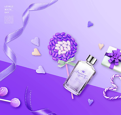 PSD 편집이미지 리본 화이트데이 막대사탕 사람없음 선물상자 보라색 하트 향수 향수병 이미지편집 모양 컬러 데이이벤트 사탕 선물 상자 화장품 병_담는 파일형식