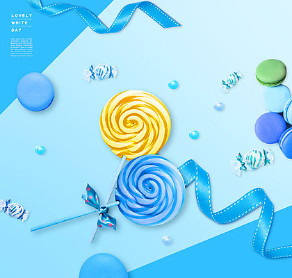 PSD 편집이미지 리본 하늘색 화이트데이 막대사탕 사람없음 마카롱 알사탕 이미지편집 데이이벤트 디저트 사탕 파란색 파일형식