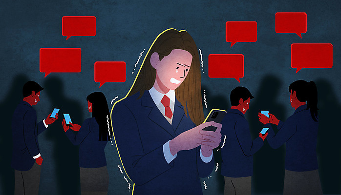 PSD 여자 남자 말풍선 일러스트 청소년 고등학생 들기 여러명 상반신 스마트폰 무서움 떨림 뒷담화 왕따 채팅 학교폭력 십대만 국내일러스트 학생 감정 다수 모션 사람 핸드폰 스마트기기 폭력 험담 파일형식