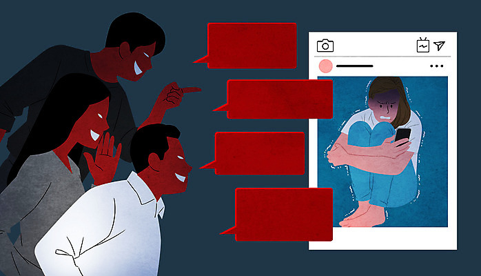 PSD 여자 남자 말풍선 일러스트 들기 여러명 성인 스마트폰 가리킴 무서움 웅크림 비웃음 떨림 뒷담화 소셜네트워크 악플 성인만 인플루언서 국내일러스트 감정 다수 모션 표정 사람 손짓 핸드폰 스마트기기 사이버범죄 험담 파일형식 유명인