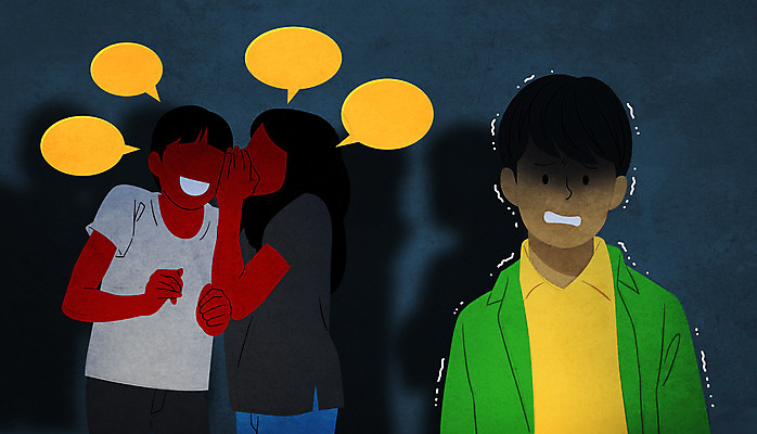 PSD 학생 여자 남자 어린이 말풍선 일러스트 소녀 소년 상반신 세명 무서움 귓속말 다문화가정 비웃음 떨림 뒷담화 따돌림 왕따 어린이만 국내일러스트 감정 모션 표정 사람 다문화 험담 파일형식