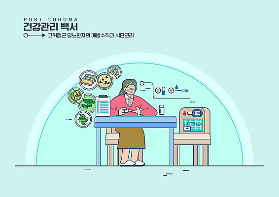 전신 PSD 여자 노년 일러스트 탁자 한명 앉기 파란색 건강관리 환자 사회이슈 예방 당뇨병 혈당 혈당계 노인여자한명만 식단관리 포스트코로나 위드코로나 국내일러스트 1 컬러 가구 컨셉 의학 모션 건강 관리 사람 성인 의료용품 혈액 질병 여자한명만 노인여자만 파일형식 코로나바이러스