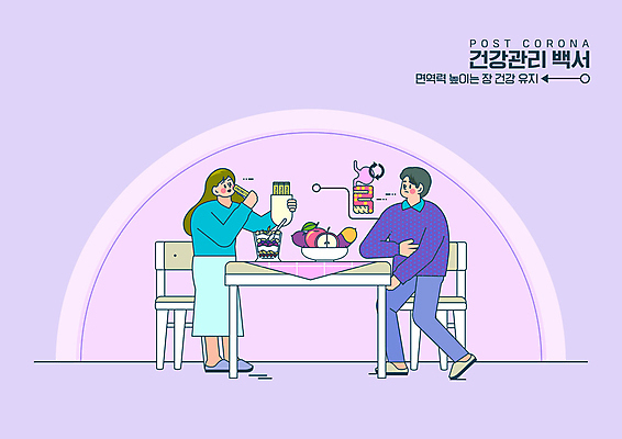 전신 PSD 여자 남자 의자 과일 일러스트 탁자 서기 들기 성인 두명 건강관리 보라색 먹기 사회이슈 대장 면역력 유산균 성인만 포스트코로나 위드코로나 국내일러스트 컬러 가구 컨셉 모션 건강 관리 사람 장기_의학 파일형식 코로나바이러스