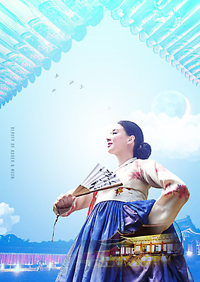 PSD 편집이미지 한국전통 여자 하늘색 기와집 한명 들기 상반신 20대 성인 한국인 달 부채 한복 처마 성인여자한명만 이미지편집 자연요소 1 전통 모션 한옥 한국 사람 동양인 청년 파란색 전통의상 여자한명만 성인여자만 파일형식