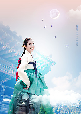 PSD 구름 편집이미지 한국전통 여자 기와집 한명 상반신 20대 성인 한국인 달 뒤돌아보기 한복 성인여자한명만 이미지편집 자연요소 1 전통 모션 한옥 한국 사람 동양인 청년 전통의상 여자한명만 성인여자만 파일형식