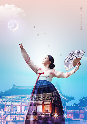 PSD 구름 편집이미지 한국전통 여자 기와집 한명 들기 상반신 20대 성인 한국인 달 부채 한복 성인여자한명만 이미지편집 자연요소 1 전통 모션 한옥 한국 사람 동양인 청년 전통의상 여자한명만 성인여자만 파일형식