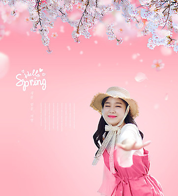 PSD 편집이미지 모자 원피스 여자 분홍색 봄꽃 한명 미소 상반신 20대 성인 타이포그라피 봄 한국인 벚꽃 손내밀기 봄여행 성인여자한명만 이미지편집 문자 1 잡화 옷 계절 꽃 컬러 여행 표정 사람 동양인 손짓 청년 여자한명만 성인여자만 파일형식