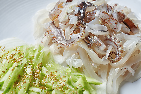 포토 JPG 스튜디오촬영 접시 음식 회색배경 오이 실내 근접촬영 사람없음 깨 오징어회 국내포토 식기 뷰포인트 백그라운드 채소 식재료 내부 회색 회 조미료 파일형식