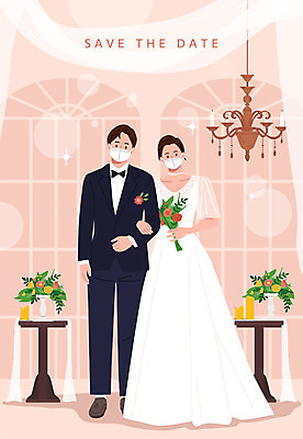 전신 부부 커플 여자 남자 신부 분홍색 부케 웨딩드레스 신랑 결혼 일러스트 마스크 들기 정장 턱시도 성인 두명 팔짱 샹들리에 초대 예식장 성인만 웨딩촬영 코로나바이러스 포스트코로나 위드코로나 국내일러스트 AI파일 드레스 옷 컬러 꽃다발 관계 모션 조명 사람 이벤트 공간 바이러스 사회이슈 기념사진 파일형식 벡터