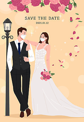 전신 부부 커플 드레스 여자 남자 꽃잎 신부 부케 웨딩드레스 신랑 결혼 가로등 일러스트 마스크 서기 들기 정장 턱시도 성인 두명 장미 초대 성인만 어깨에손 웨딩촬영 코로나바이러스 포스트코로나 위드코로나 국내일러스트 AI파일 옷 공공시설 꽃 꽃다발 관계 모션 사람 이벤트 바이러스 사회이슈 기념사진 파일형식 벡터