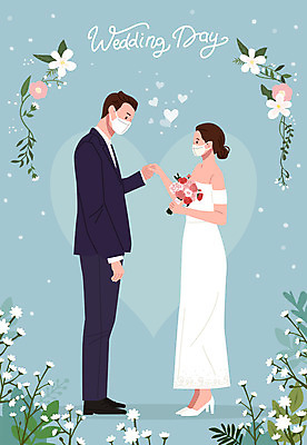 전신 부부 커플 여자 남자 꽃 신부 부케 웨딩드레스 신랑 결혼 일러스트 마스크 서기 정장 턱시도 성인 두명 마주보기 손잡기 하트 초대 성인만 웨딩촬영 코로나바이러스 포스트코로나 위드코로나 국내일러스트 AI파일 모양 식물 드레스 옷 꽃다발 관계 모션 사람 이벤트 바이러스 사회이슈 기념사진 파일형식 벡터